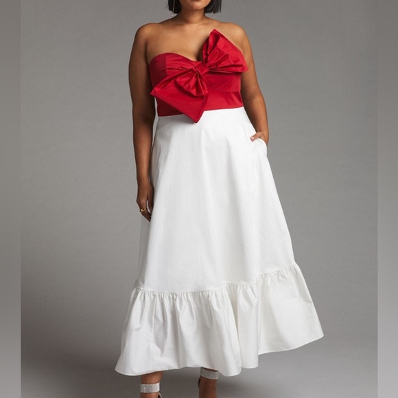 Anthropologie Hutch Red Colorblocked Bow-Tie Maxi Dress - Picture 4 of 13